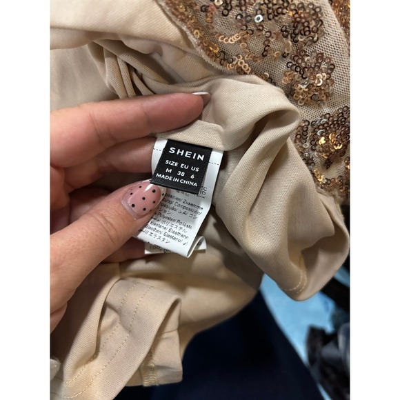 Beaded Sequin Cap Sleeve Square Neck Party Dress Beige M - Picture 3 of 3